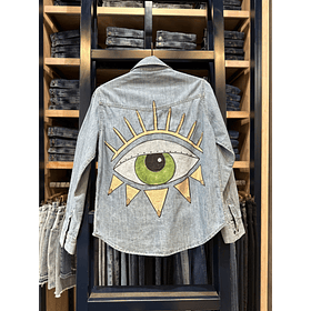 Camisa de Jean Intervención con pintura y artesania, colab con Oroyas tejido Miyuki
