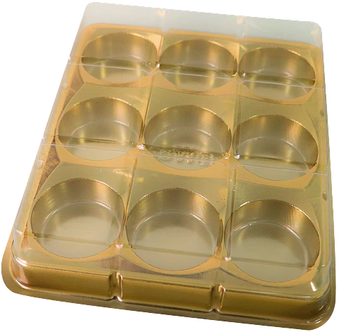 CAJA RECTANGULAR PARA TRUFAS Y CHOCOLATES CON 9 CAVIDADES - DORADO