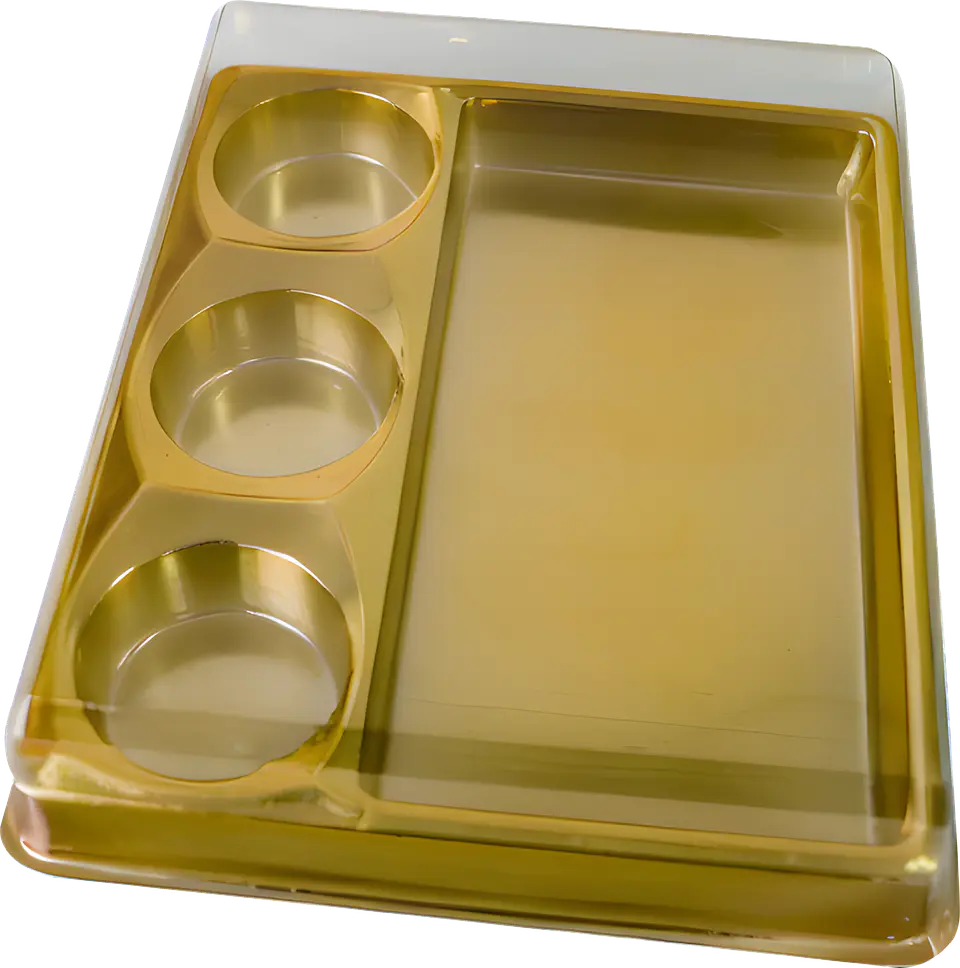 CAJA PARA TABLETAS CON 3 CAVIDADES PARA TRUFAS Y CHOCOLATES – DORADO 1