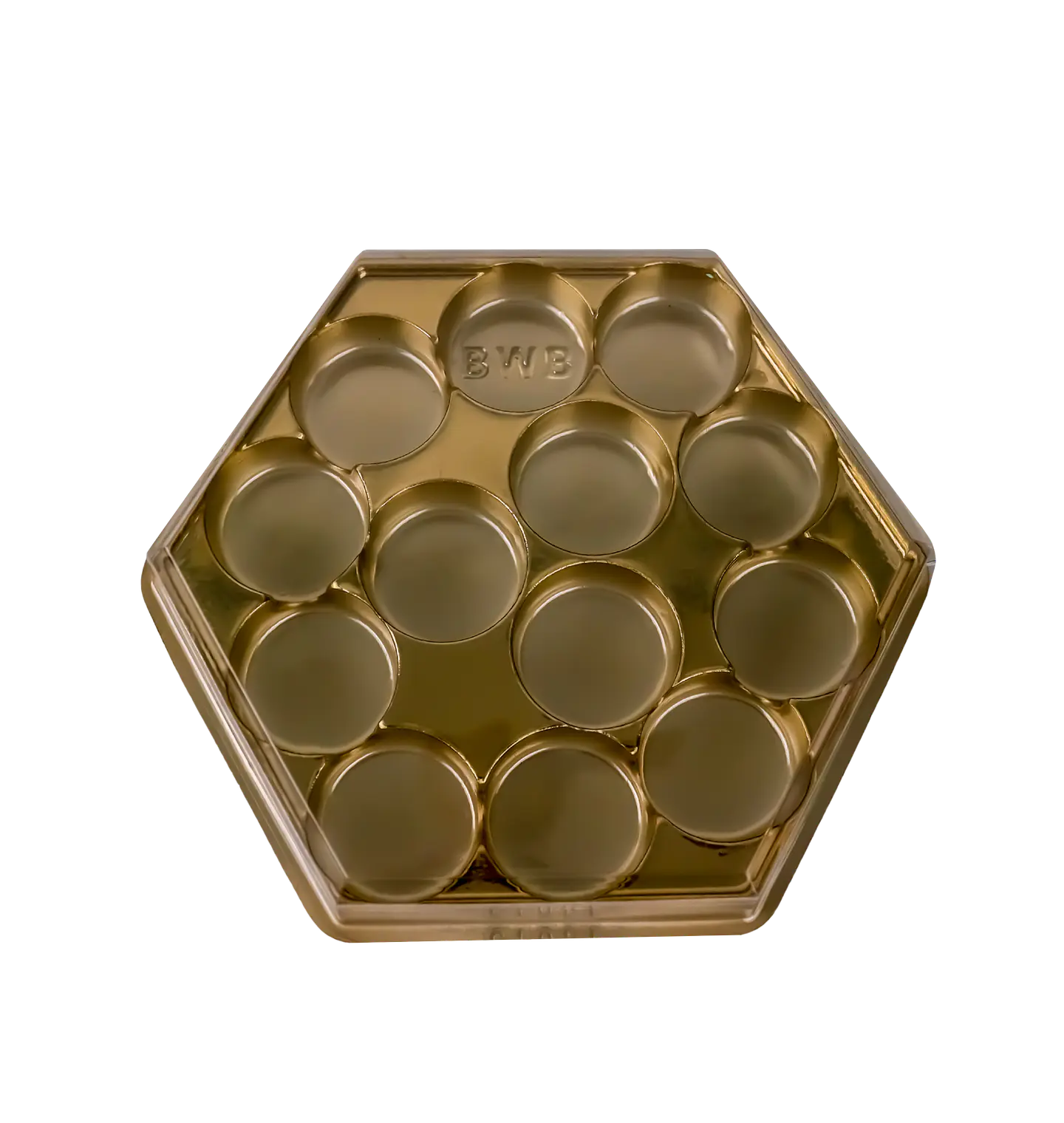 CAJA HEXAGONAL PARA DULCES 13 CAVIDADES DORADO 1