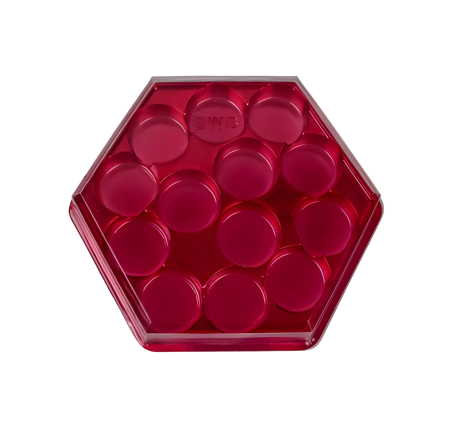 CAJA HEXAGONAL PARA CARAMELOS CON 13 CAVIDADES – ROJA 1