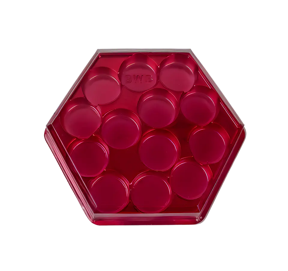 CAJA HEXAGONAL PARA CARAMELOS CON 13 CAVIDADES – ROJA 1