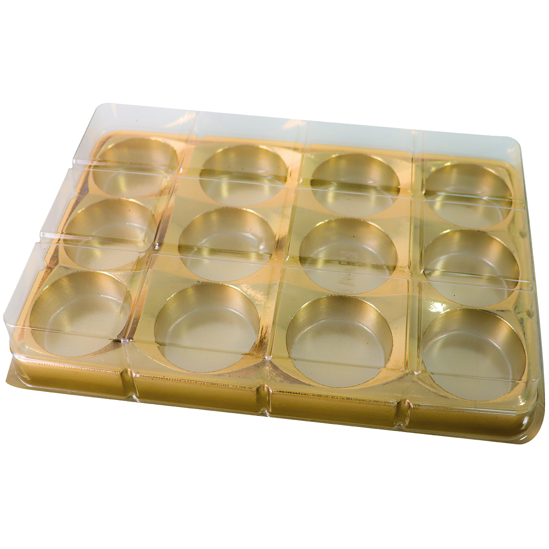 CAJA RECTANGULAR PARA TRUFAS Y CHOCOLATES CON 12 CAVIDADES - DORADA 1
