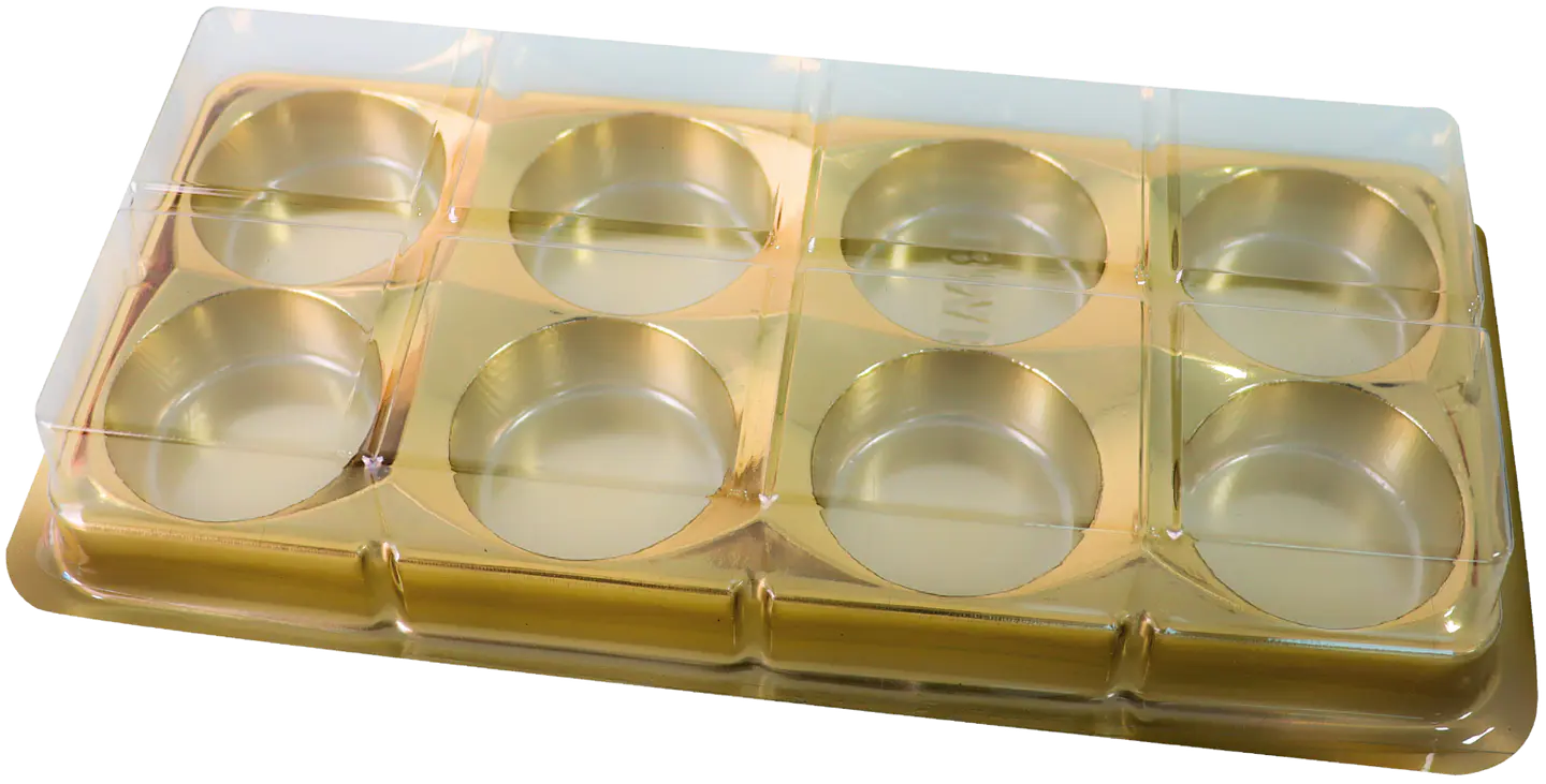 CAJA RECTANGULAR PARA TRUFAS Y CHOCOLATES CON 8 CAVIDADES - DORADA 1