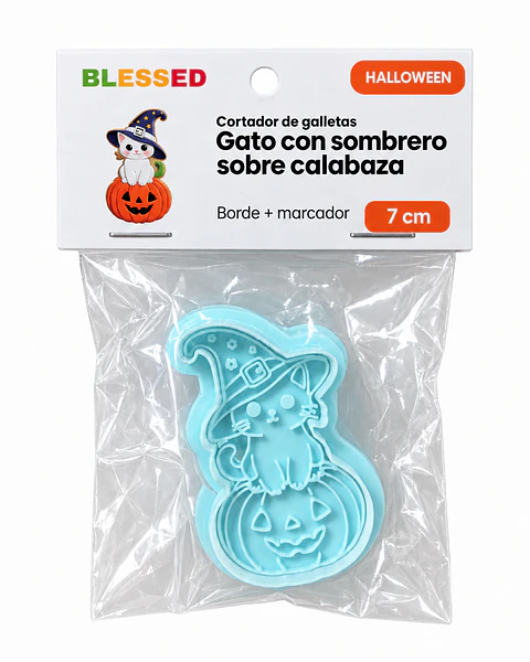 CORTADOR GALLETA HALLOWEEN GATO CON SOMBRERO SOBRE CALABAZA 7 CM