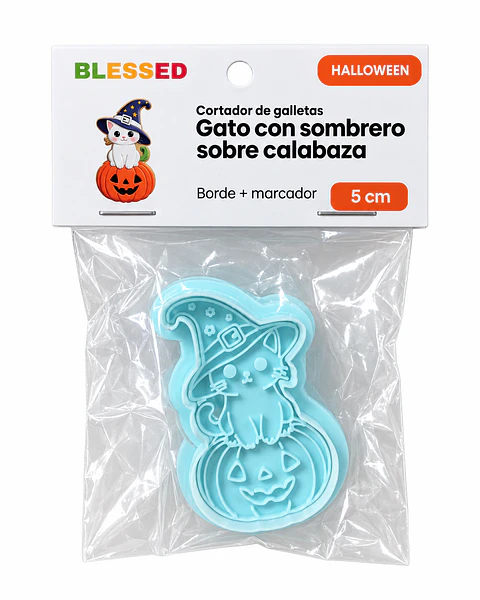 CORTADOR GALLETA HALLOWEEN GATO CON SOMBRERO SOBRE CALABAZA 5 CM