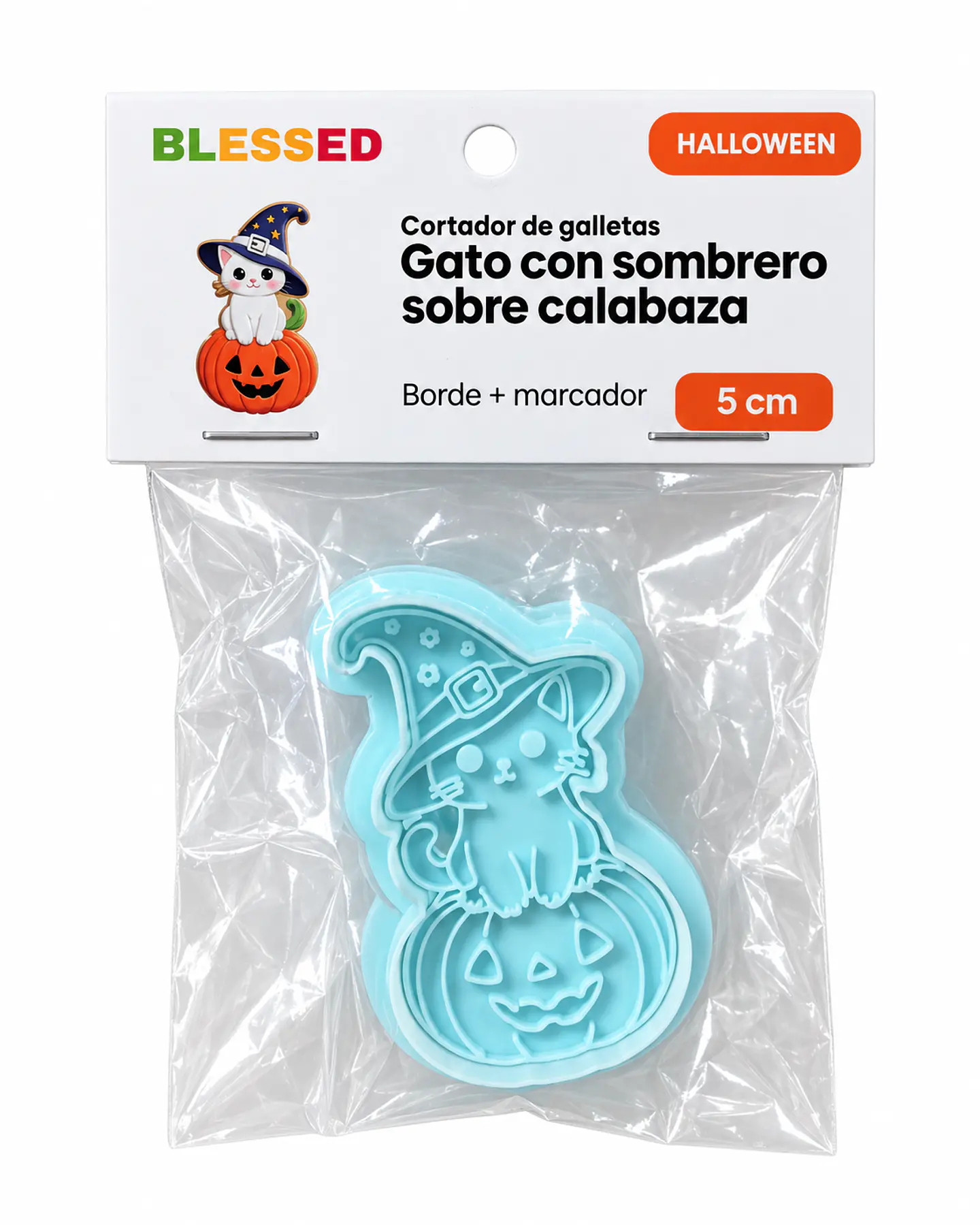 CORTADOR GALLETA HALLOWEEN GATO CON SOMBRERO SOBRE CALABAZA 5 CM 1