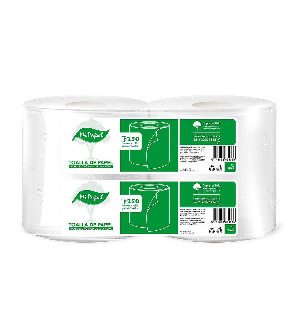 Toalla de papel económico 250 m. hoja simple (2 rollos)