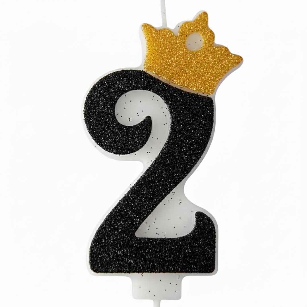 Vela con Número y Corona Escarchada color Negro  3