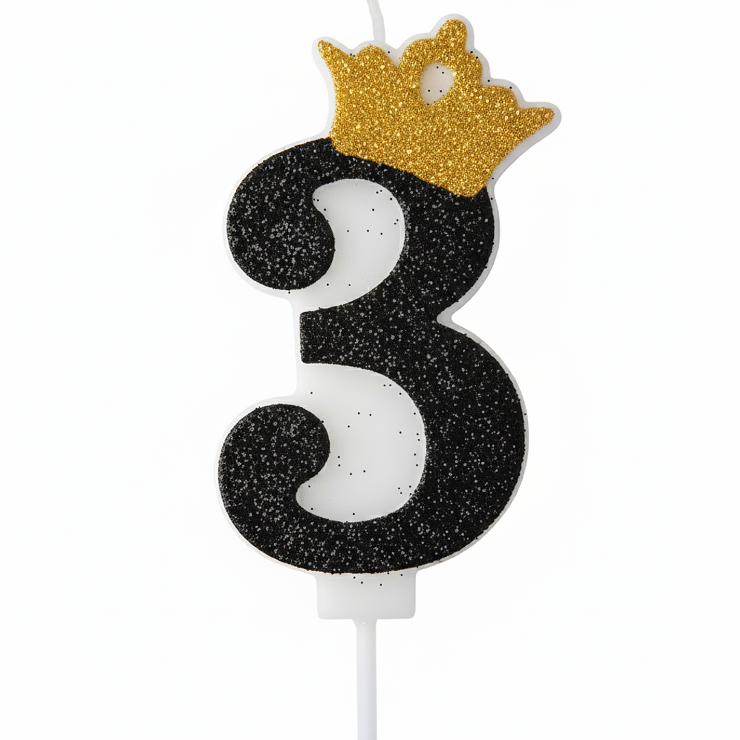 Vela con Número y Corona Escarchada color Negro  4