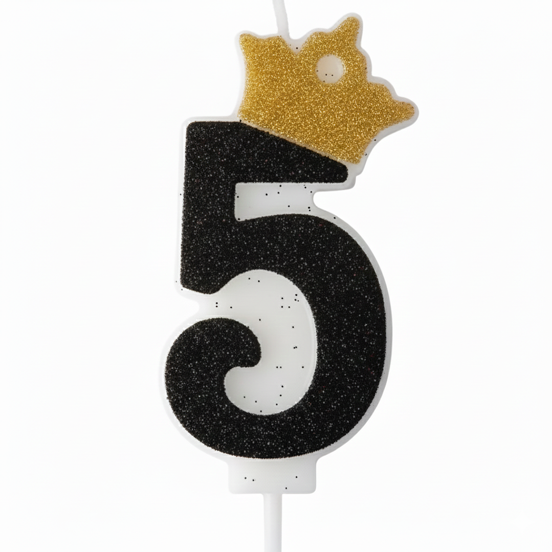 Vela con Número y Corona Escarchada color Negro  6