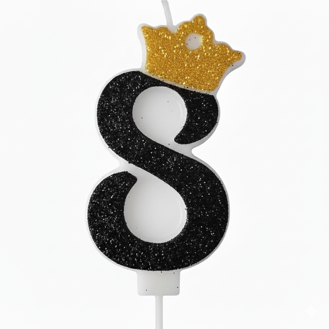 Vela con Número y Corona Escarchada color Negro  9