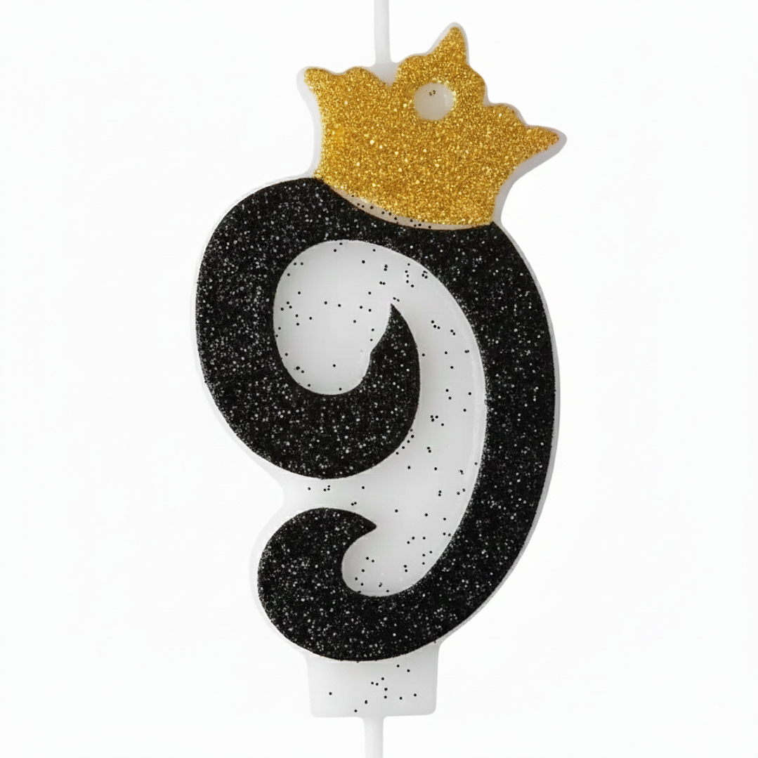 Vela con Número y Corona Escarchada color Negro  10