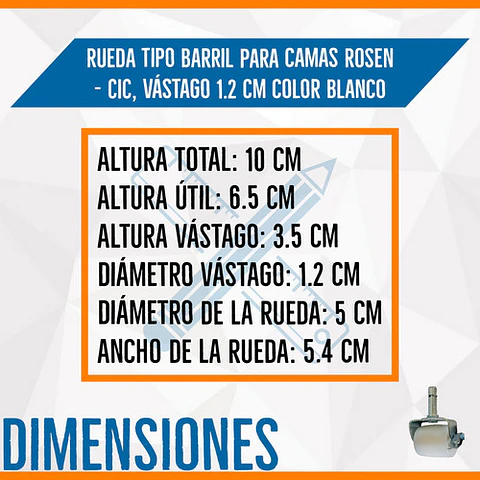 Rueda Tipo Barril Vastago 1.2 cm Para Mueble, Cama Rosen y CIC