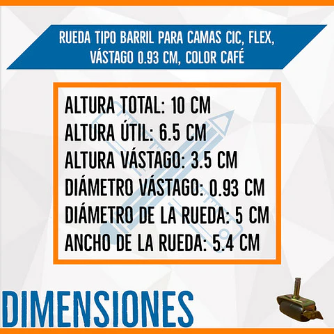 Rueda Mueble, Rueda Cama Tipo Barril. Vastago 0.93 Cm 