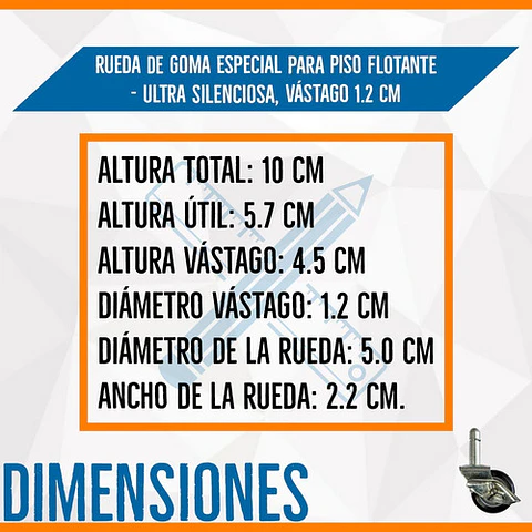 Rueda Para Cama, Box Parquet, Piso Flotante/ Vastago 1,2 Cm