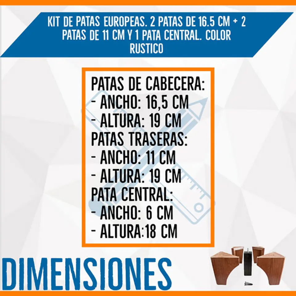 Kit De Patas Europeas Rustico o roble oscuro ( 4 patas exteriores + 1 central)  2