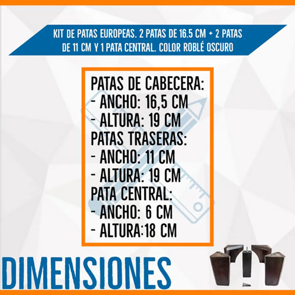 Kit De Patas Europeas Rustico o roble oscuro ( 4 patas exteriores + 1 central)  4