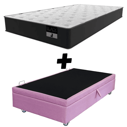 Cama Baul 1.5 Plaza + Colchon Black 105 x 190 cm / Con Ruedas (Rosa)