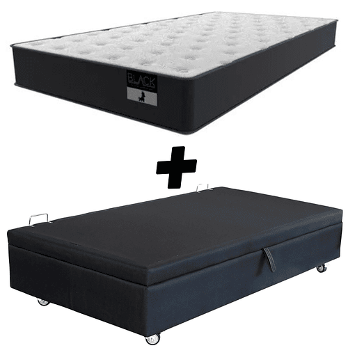 Cama Baul 1.5 Plaza + Colchon Black 105 x 190 cm / Con Ruedas (Negro)