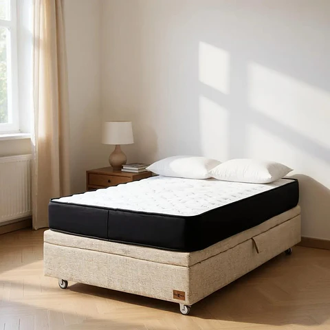 Cama Baul 1 Plaza + Colchon Black 90 x 190 cm / Con Ruedas (Beige)