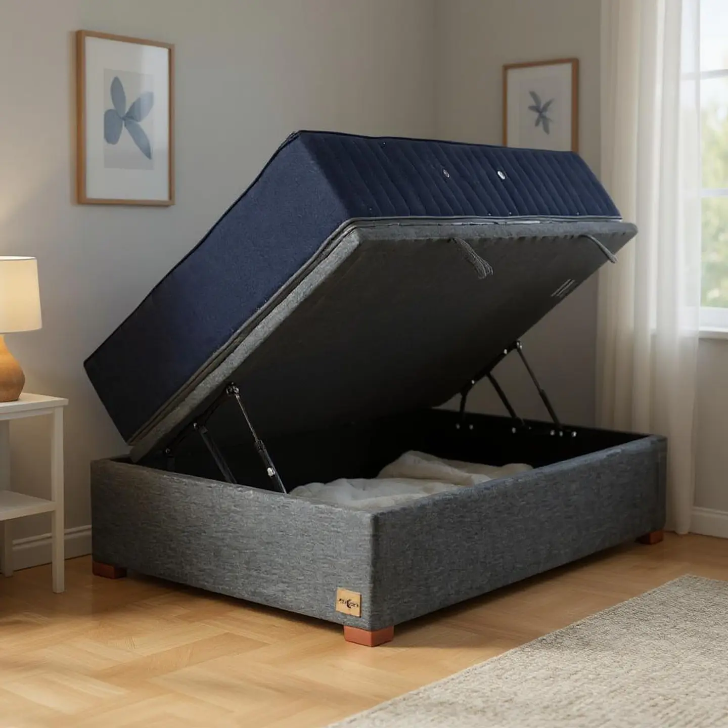 Cama Baul 1.5 Plaza + Colchon CIC / Con Patas De Madera (Gris) 1