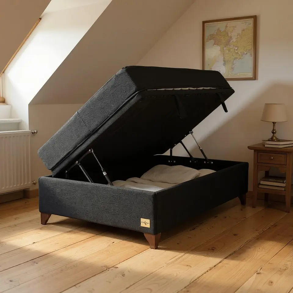 Cama Baul 1.5 Plazas + Colchon Black / Con Patas de Madera (Negro) 1