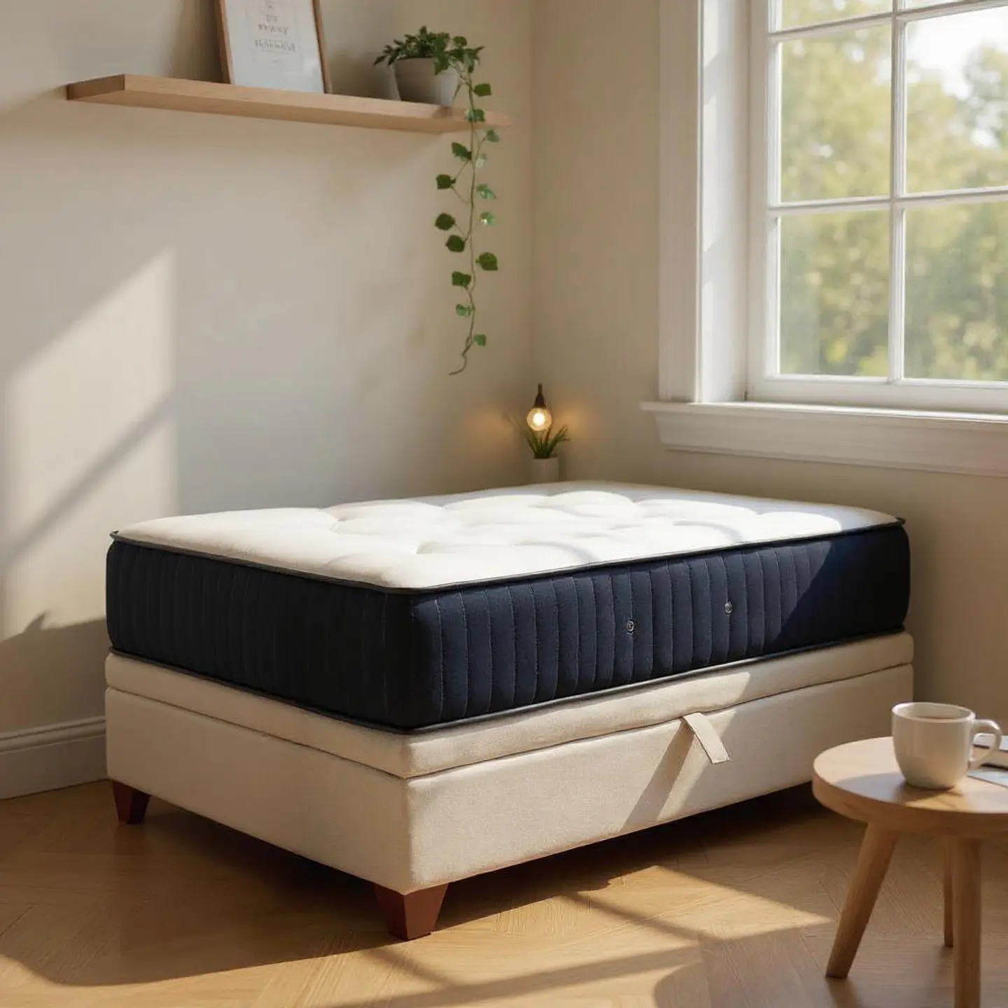 Cama Baul 1.5 Plaza + Colchon CIC / Con Patas De Madera (Beige) 1