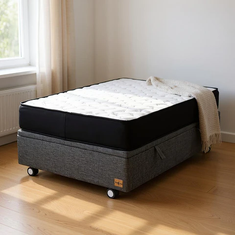 Cama Baul 1.5 Plaza + Colchon Black / Con Ruedas (Gris)