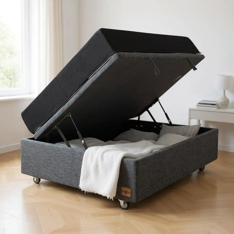 Cama Baul 1.5 Plaza + Colchon Black / Con Ruedas (Gris) 5