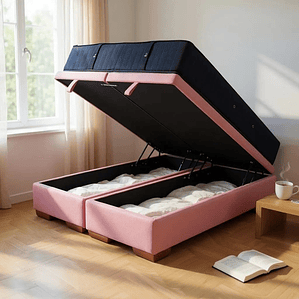 Cama Baul Full Dividida + Colchon CIC / Con Patas de Madera (Rosa)