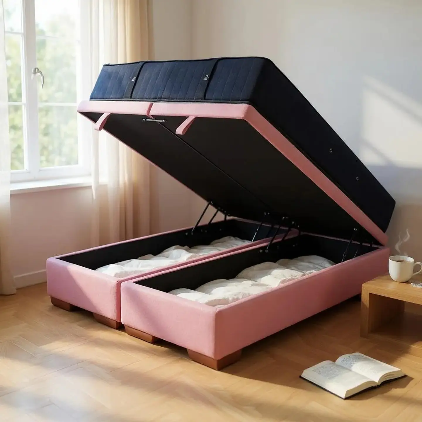 Cama Baul King + Colchon CIC / Con Patas de Madera (Rosa) 2