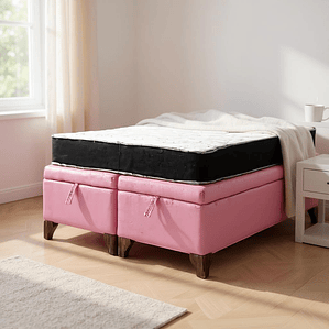 Cama Baul 2 Plazas + Colchon Black / Patas de Madera (Rosa)