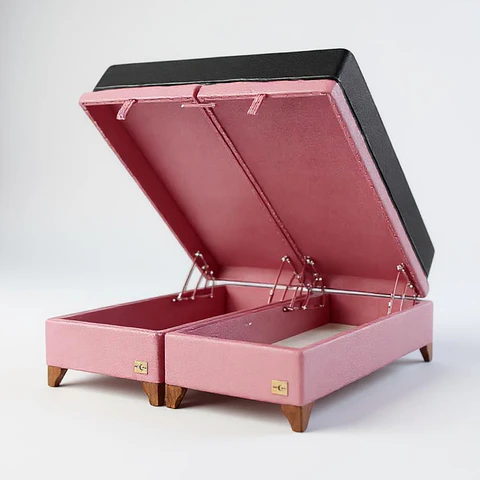 Cama Baul 2 Plazas + Colchon Black / Patas de Madera (Rosa)