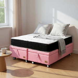 Cama Baul 2 Plazas + Colchon Black / Con Ruedas (Rosa)