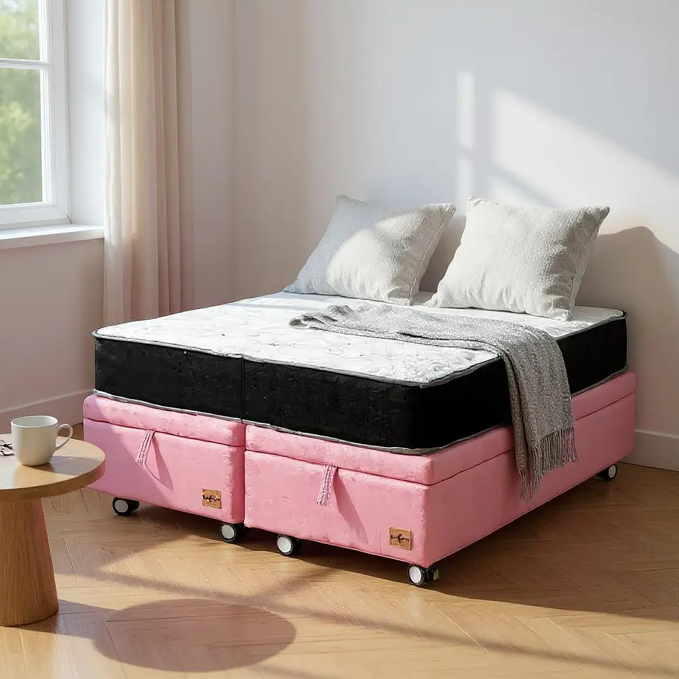 Cama Baul 2 Plazas + Colchon Black / Con Ruedas (Rosa) 1