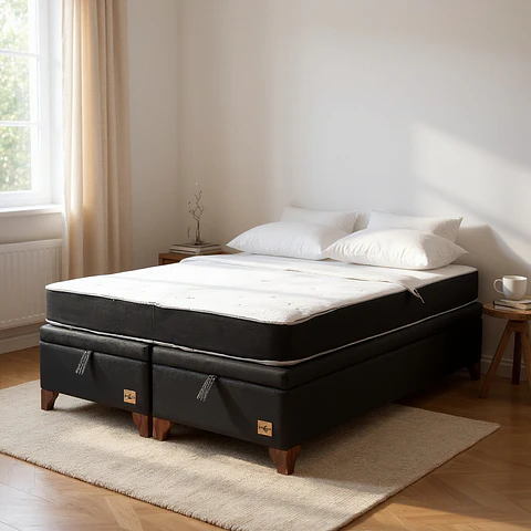 Cama Baul 2 Plazas + Colchon Black / Con Patas de Madera (Negro)