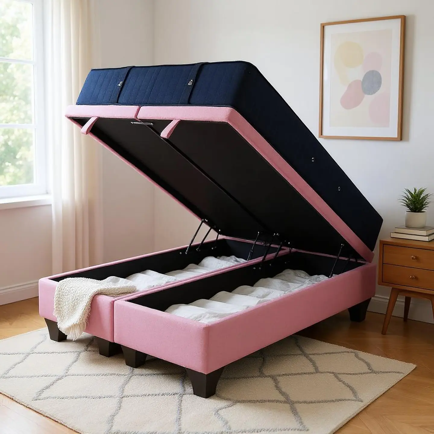 Cama Baul Super King + Colchon CIC / Patas de Madera (Rosa) 4