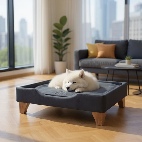Cama de Mascotas - Talla L EXTRA (90x70 cm) / Patas De Madera 11 cm (Negro)
