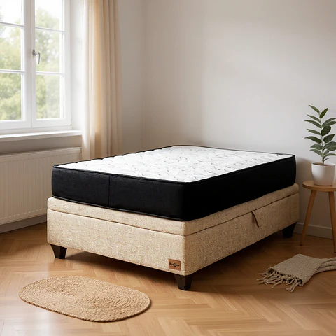 Cama Baul 1 Plaza + Colchon Black 90 x 190 cm / Con Patas De Madera (Beige)