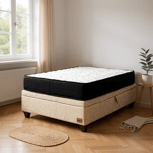 Cama Baul 1.5 Plazas + Colchon Black / Con Patas de Madera (Beige)