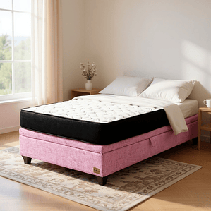 Cama Baul 1.5 Plazas + Colchon Black / Con Patas de Madera (Rosa)