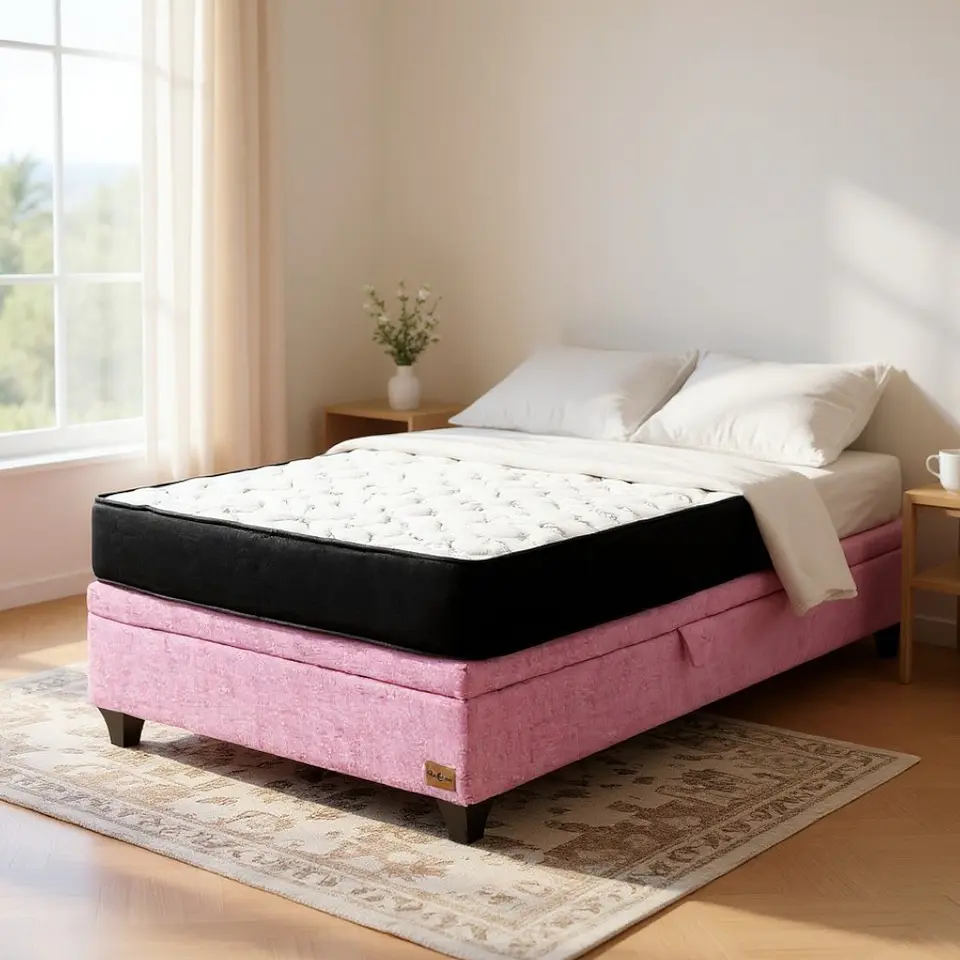 Cama Baul 1.5 Plazas + Colchon Black / Con Patas de Madera (Rosa) 1