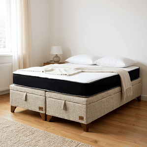 Cama Baul 2 Plazas + Colchon Black / Con Patas de Madera (Beige)