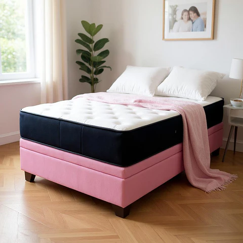 Cama Baul 1.5 Plaza + Colchon CIC / Con Patas De Madera (Rosa)