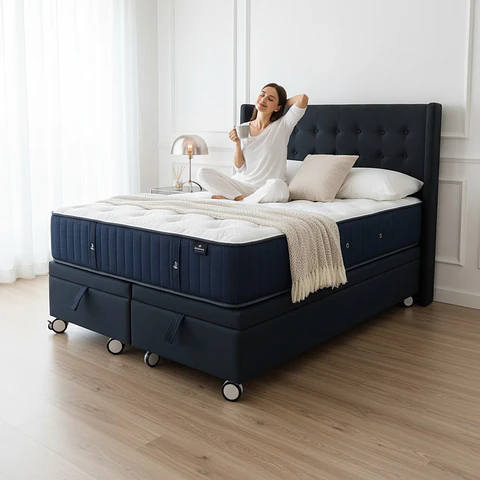 Cama Baul Full Dividida + Colchon CIC + Respaldo / Con Ruedas (Negro)