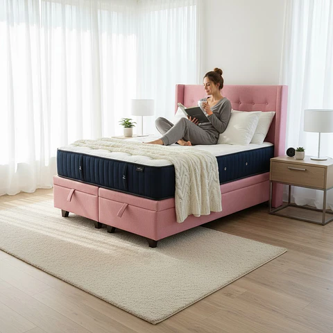 Cama Baul Full Dividida + Colchon CIC + Respaldo / Con Patas (Rosa)