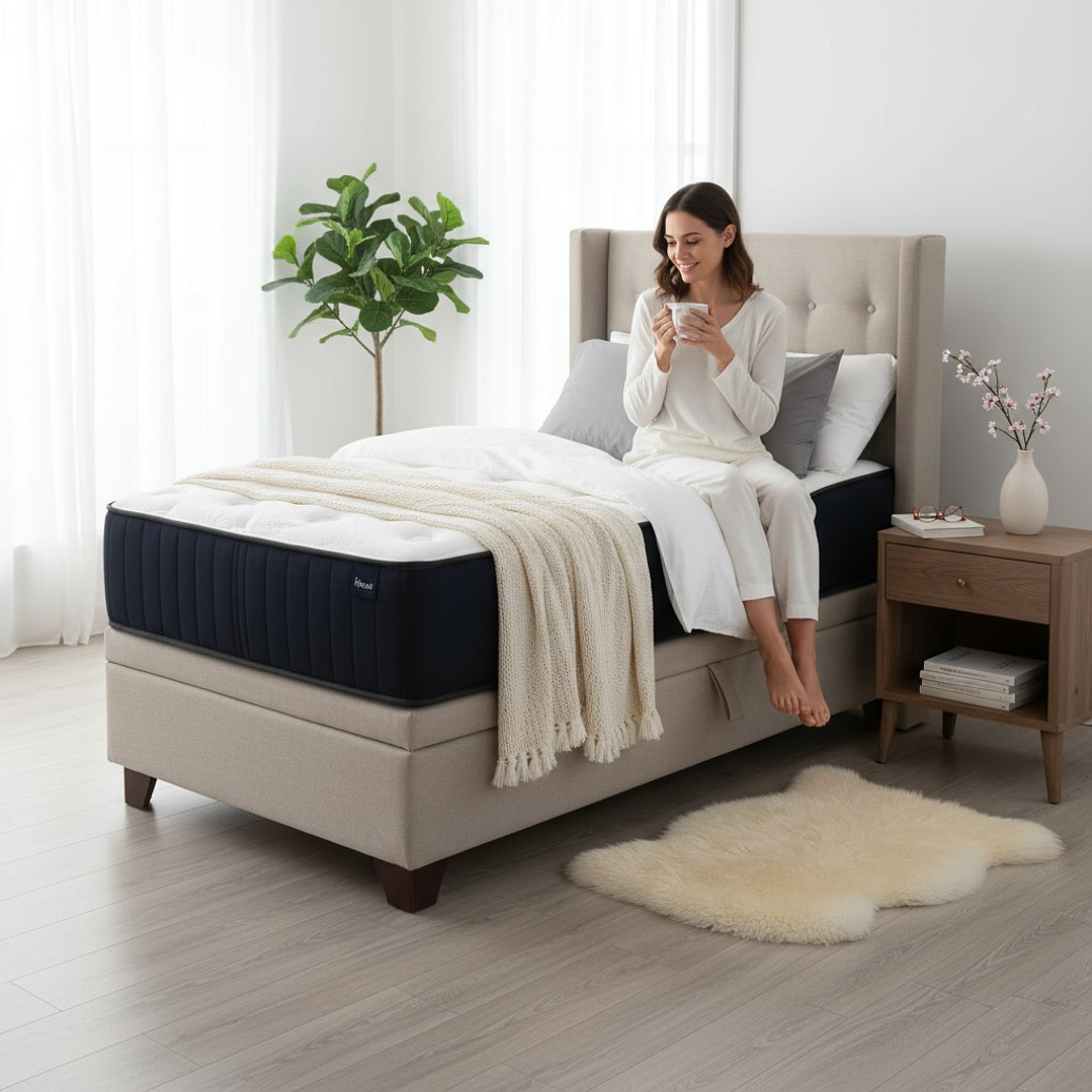 Cama Baul 1.5 Plazas + Colchon CIC + Respaldo / Con Patas (Beige) 1