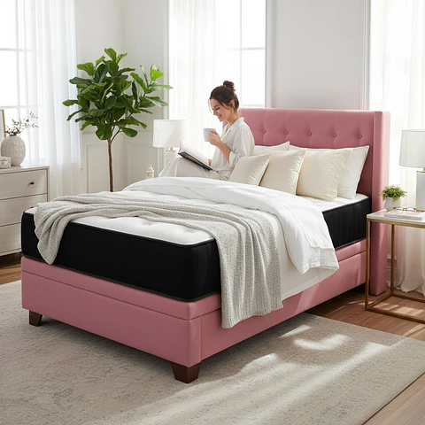 Cama Baul 1 Plaza + Colchon CIC + Respaldo / Con Patas (Rosa)