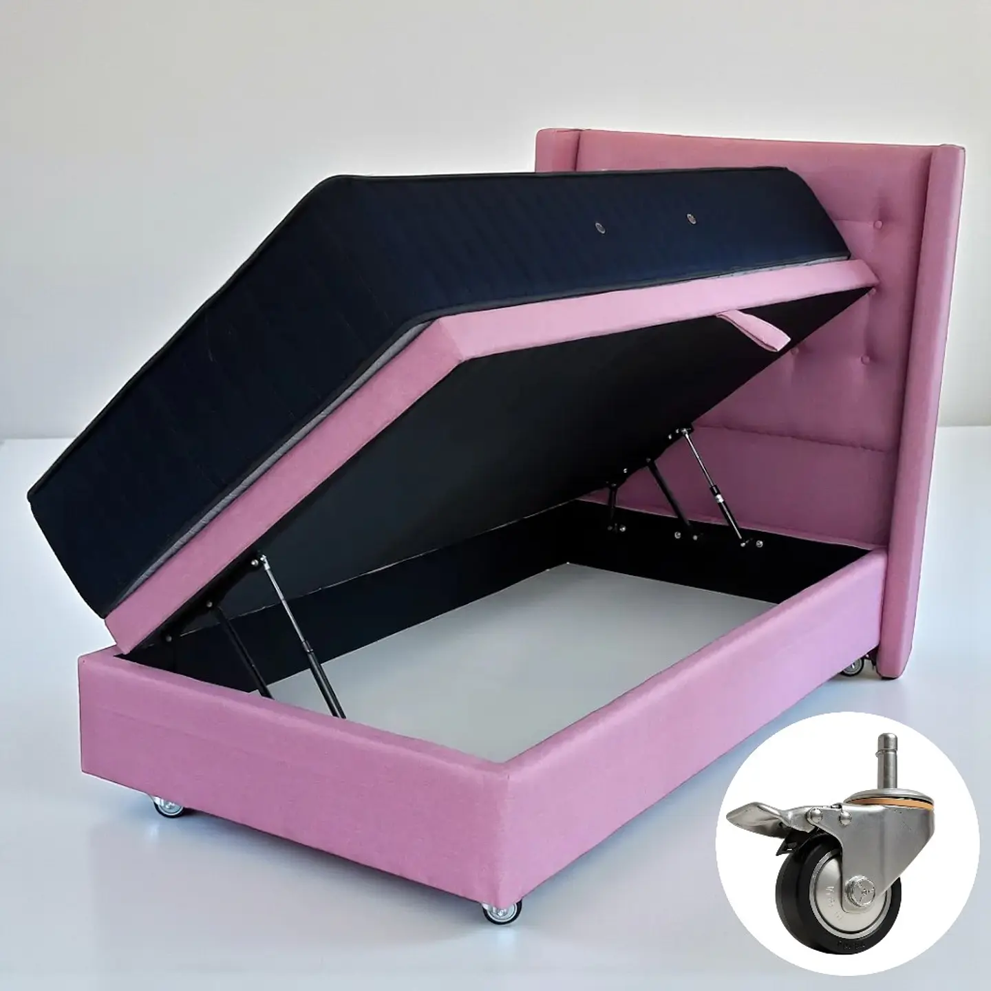 Cama Baul 1 Plaza + Colchon CIC + Respaldo / Con Ruedas (Rosa) 8